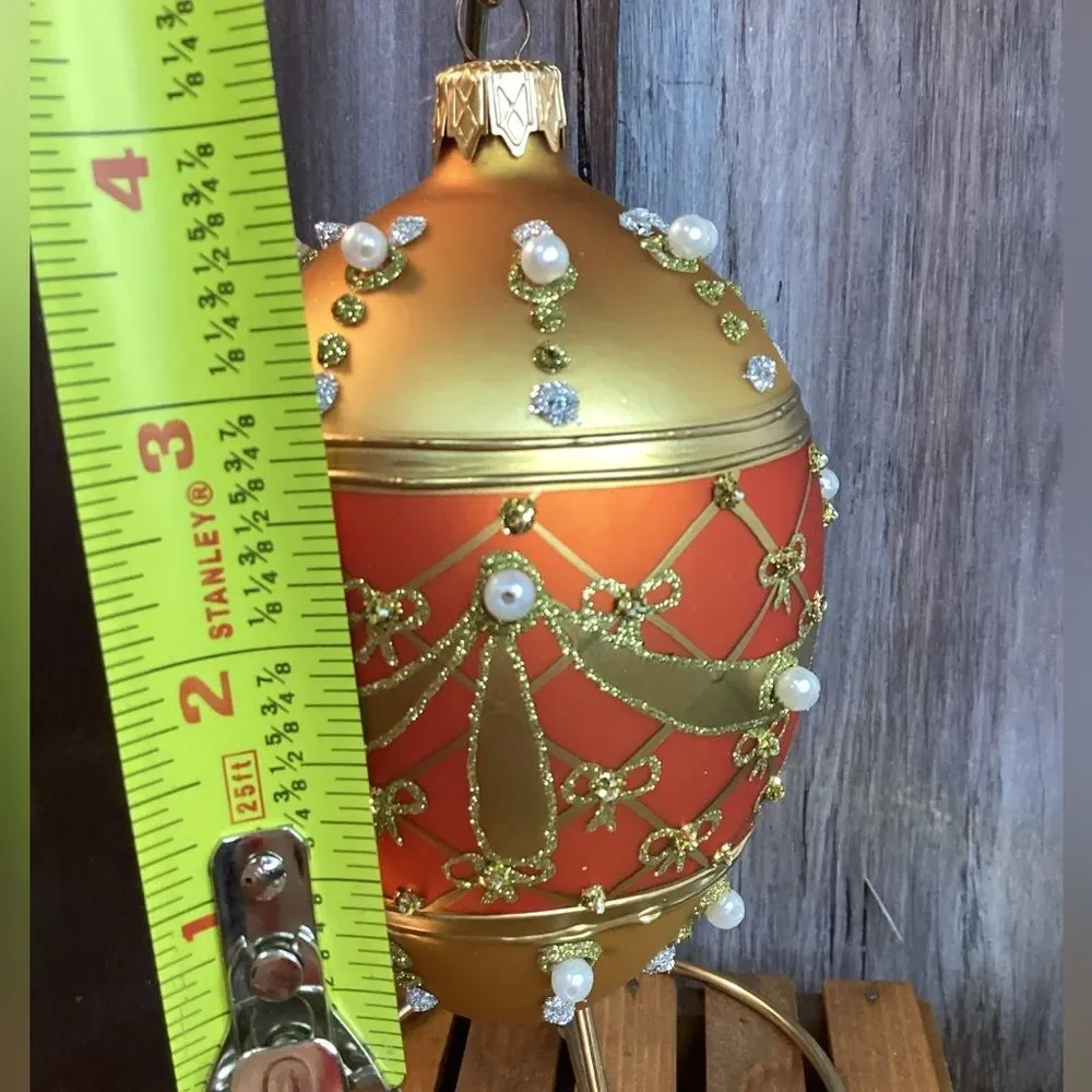 The Museum Company Festive Gold and Red Ornamental Egg with Pearl Details